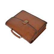 Mens Briefcase Italian Leather Soft Slim Satchel Business Bag Boris Tan Front Letdown
