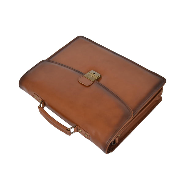 Mens Briefcase Italian Leather Soft Slim Satchel Business Bag Boris Tan Front Letdown