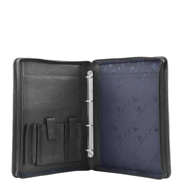 Black Leather A4 Ring Binder File Folio Office Bag Zip Organiser Braga Open