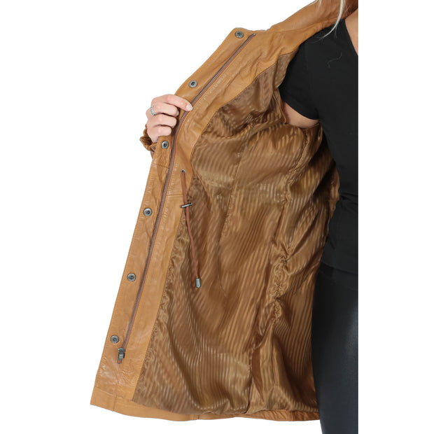 Ladies Duffle Leather Coat 3/4 Long Detachable Hood Classic Parka Jacket Liza Tan Lining