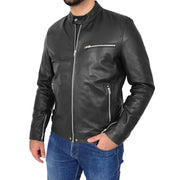 Mens Fitted Black Leather Biker Jacket Zip Fasten Brock Front 1