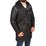 Mens Genuine Sheepskin Duffle Coat 3/4 Long Hooded Jacket Ace Black Front 2