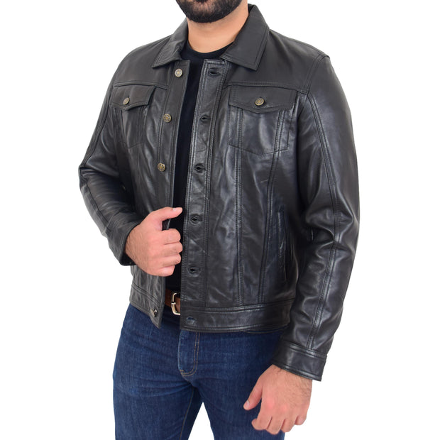 Mens Trucker Soft Leather Jacket Western Denim Style Coat Bond Black 5