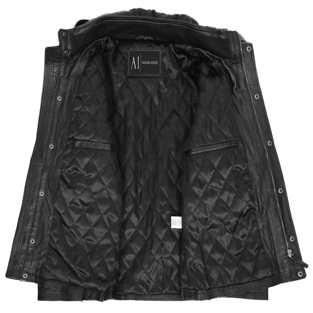 Mens Soft Leather Parka With Hood 3/4 Long Coat DAVE Black 6