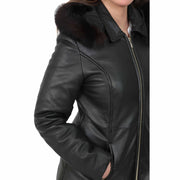 Womens Quilted 3/4 Long Parka Leather Coat with Hood Kelly Black Feature 2