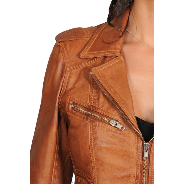 Womens Fitted Biker Style Leather Jacket Betty Tan Feature 3