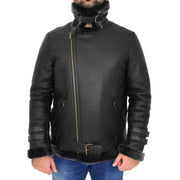 Mens Real Sheepskin Jacket Black X-Zip Aviator Brando Shearling Coat Hugh Collar Up