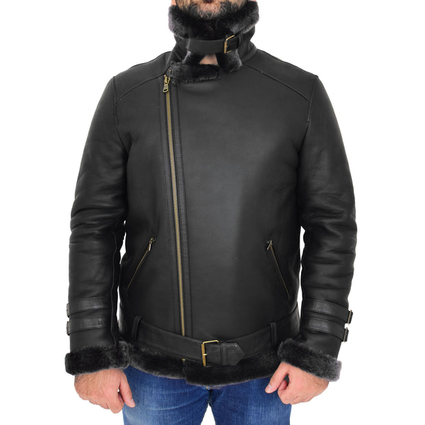 Mens Real Sheepskin Jacket Black X-Zip Aviator Brando Shearling Coat Hugh Collar Up