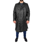 Mens Trench Leather Coat 3/4 Long Black Reefer Overcoat Sherlock Open