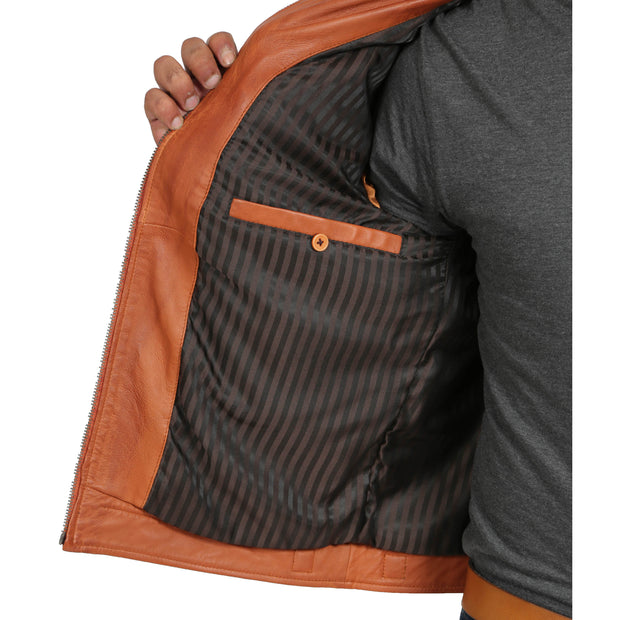 Gents Fitted Biker Leather Jacket Django Cognac Lining
