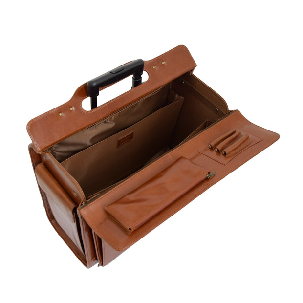 Exclusive Real Cognac Leather Pilot Case Wheeled Cabin Bag Briefcase London Open