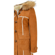 Womens Genuine Sheepskin Duffle Coat Hooded Shearling Jacket Evie Tan Feature