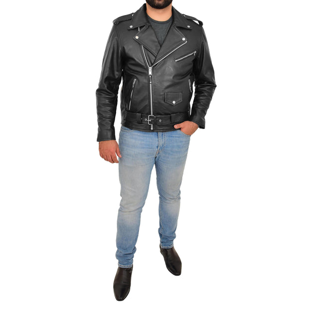 Genuine Cowhide Biker Leather Jacket For Men Casual Brando Coat Rock Black Full