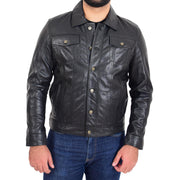 Mens Trucker Soft Leather Jacket Western Denim Style Coat Bond Black