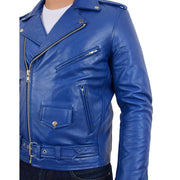 Genuine Cowhide Biker Jacket Heavy Duty Leather Brando Retro Coat Rock Blue Feature
