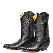Real Leather Pointed Toe Croc Print Cowboy Boots AC229 Black Pair 2