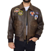 Mens Brown Bomber Leather Pilot Jacket Badges Sheepskin Collar Hawk Front Without Collar