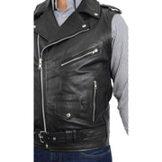 Mens Cowhide Leather Biker Waistcoat Sleeveless Brando Style Gilet Hurley Black Feature