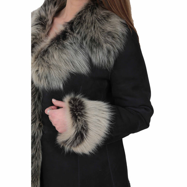 Womens Fitted Genuine Toscana Real Sheepskin Coat Pearl Black Feature