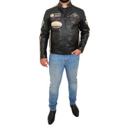 Mens BLACK Leather Biker Jacket Slim Fit Motor Sports Badges Coat Wayne Full