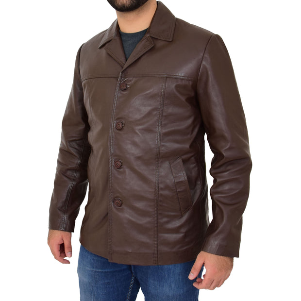 Mens Casual Leather Jacket Hip Length Brown Reefer Blazer Coat Harold Front Side