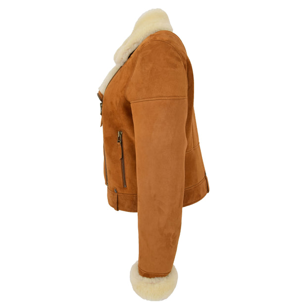 Womens Real Sheepskin Jacket Cognac Merino Shearling Coat Poppy Side