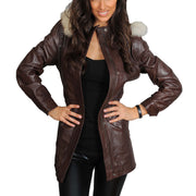 Womens Duffle Leather Coat Detachable Hood 3/4 Long Parka Jacket Mila Brown Open