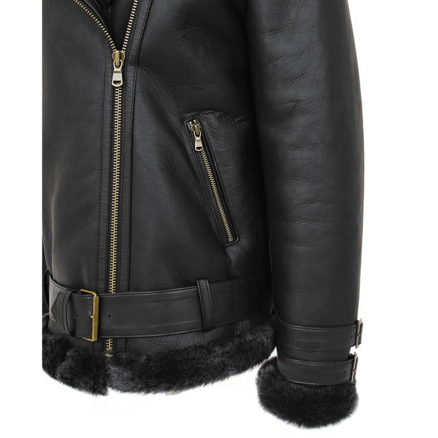 Womens Real Sheepskin Jacket Black X-Zip Aviator Belted Shearling Coat Willow Feature