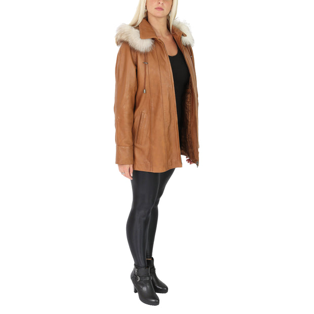 Womens Zip up Detachable Hood Parka Duffle Leather Coat Isabella Tan Full 2