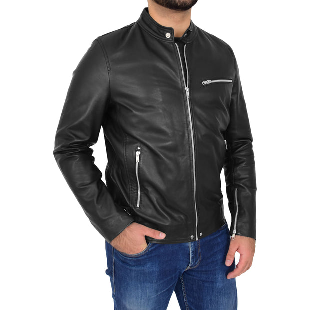 Mens Fitted Black Leather Biker Jacket Zip Fasten Brock Front 2