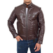 Mens Cafe Racer Biker Leather Slim Fit Jacket Teddy Brown Front 2