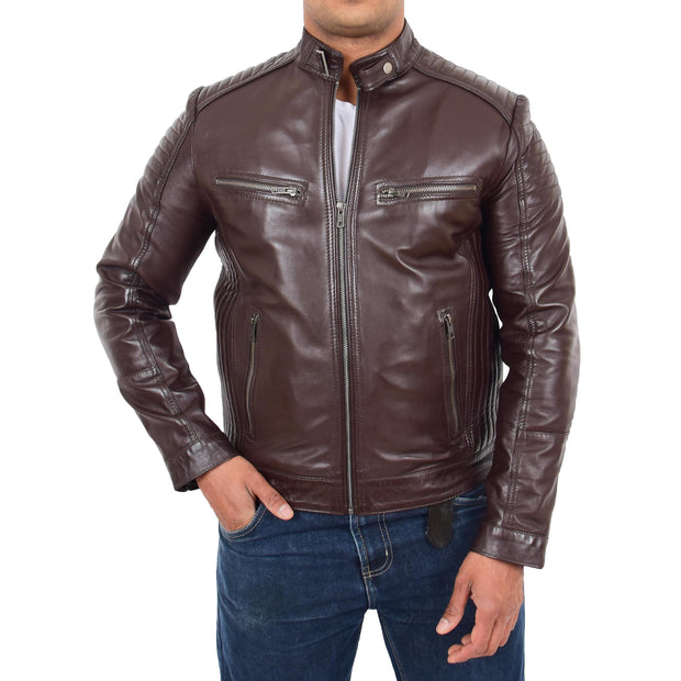 Mens Cafe Racer Biker Leather Slim Fit Jacket Teddy Brown Front 2