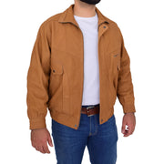 Mens Soft Real Buff Leather Blouson Jacket Classic Bomber Coat Peter Tan Open Side