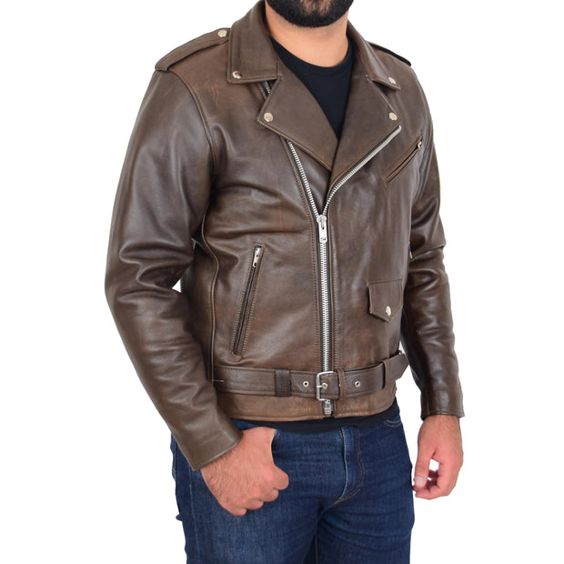 Mens Genuine Cowhide Biker Jacket Heavy Duty Antique Brown Leather Coat Rock Front 2
