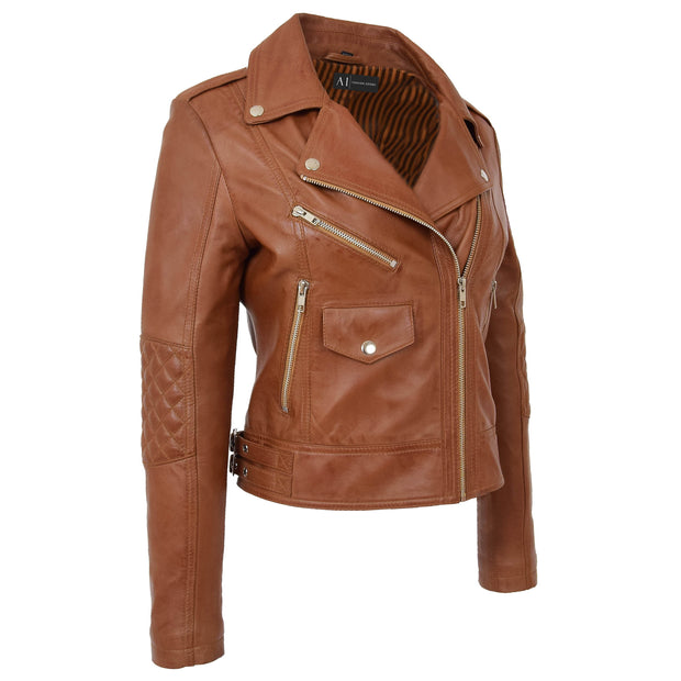 Womens Short Fitted Cognac Biker Style Real Leather Jacket Ayla