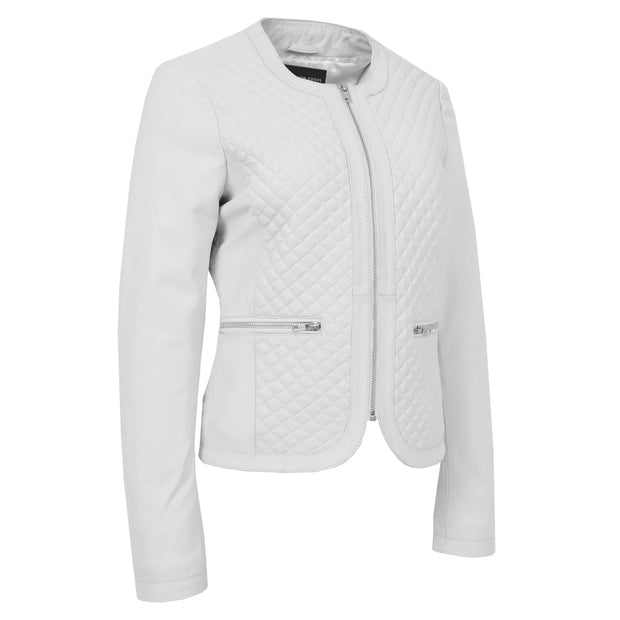 Women Collarless White Leather Jacket Fitted Quilted Zip Up - Remi