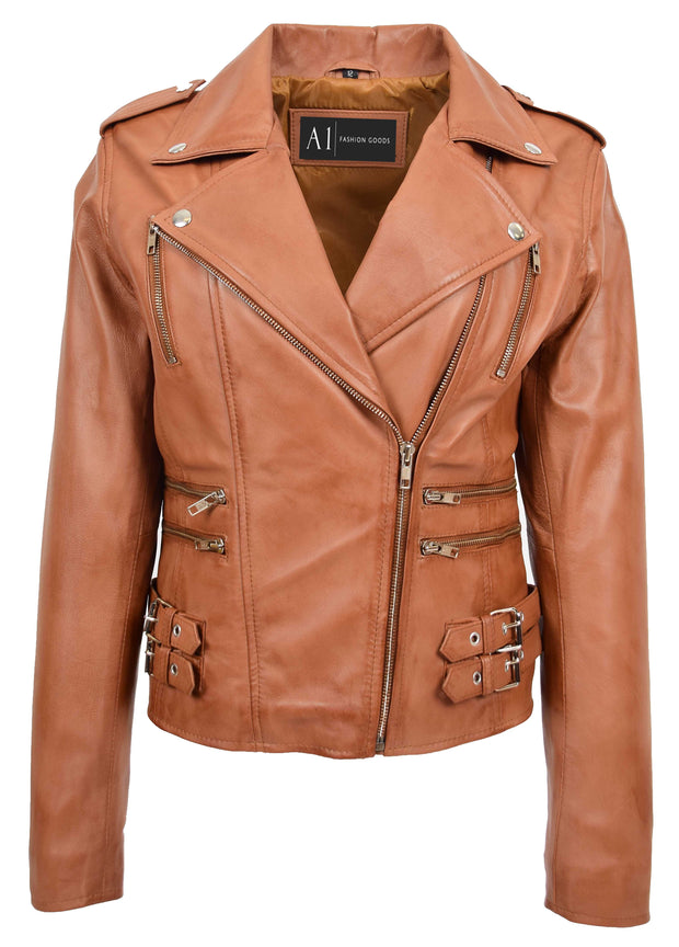 Womens Trendy Biker Leather Jacket Beyonce Cognac