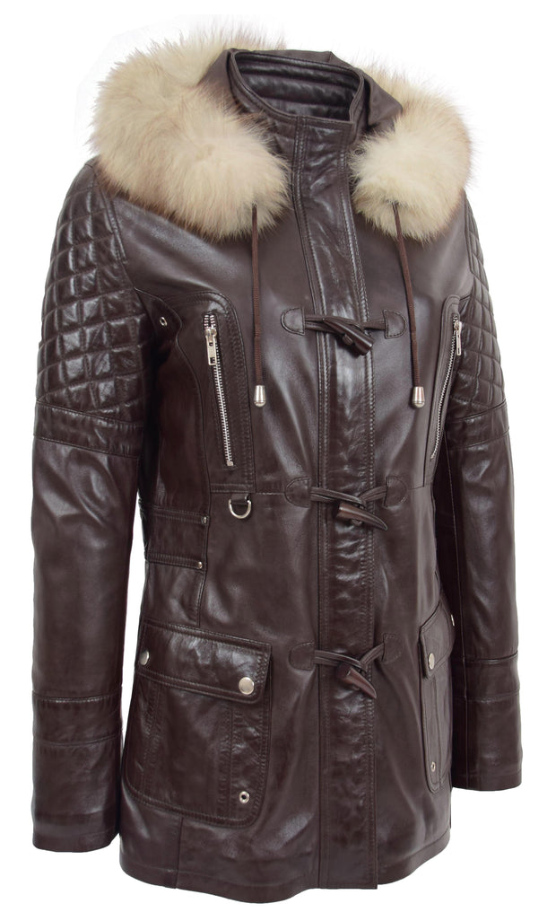 Womens Trendy Real Soft Leather Duffle Coat Fitted Removable Hood Parka Cory Brown 4