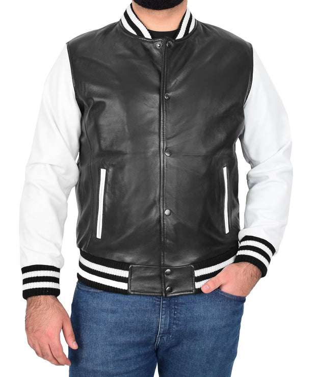 Trendy Mens Leather Bomber American Baseball Style Black White Combo Jacket - Elijah