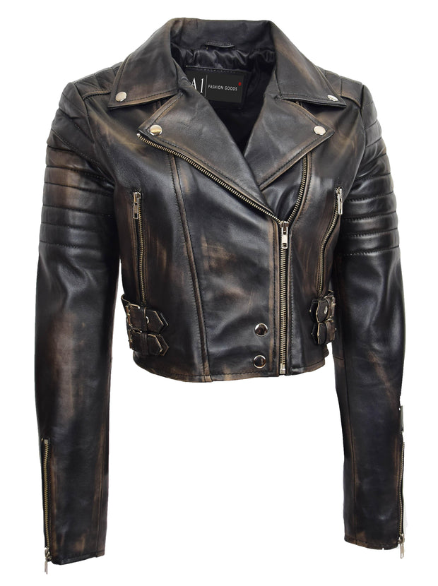 Womens Fitted Cropped Bustier Style Leather Jacket Amanda Rub Off
