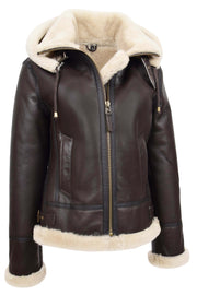 Womens Real Brown Sheepskin Jacket Hooded Shearling B3 Pilot Coat Maria