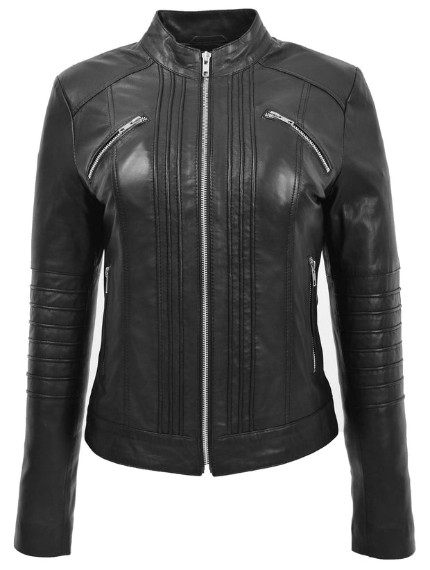Womens Genuine Leather Biker Style Zip Up Fitted Jacket Poppy Black