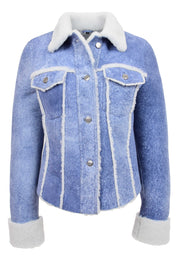 Womens Real Sheepskin Trucker Jacket Denim Blue Washed Genuine Shearling Jenna