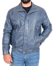 Gents Leather Bomber Jacket Blue Classic Casual Style Blouson Alan