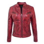 Womens Fitted Leather Biker Jacket Casual Zip Up Coat Jenny Dirty Red