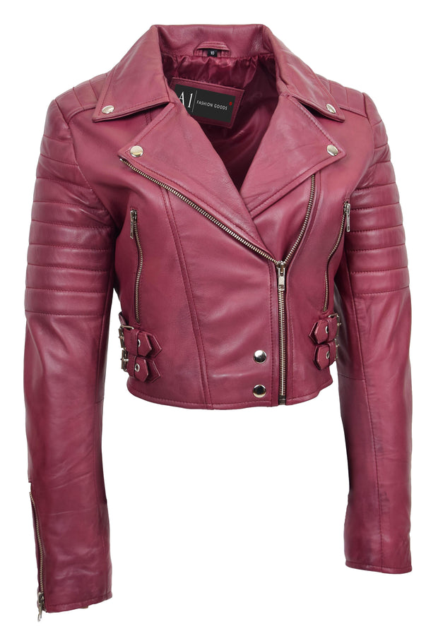 Womens Fitted Cropped Bustier Style Leather Jacket Amanda Burgundy