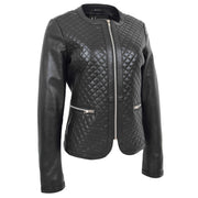 Women Collarless Black Leather Jacket Fitted Quilted Zip Up - Remi