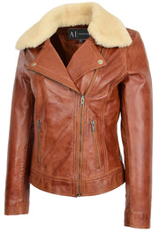 Womens Real Chestnut Leather Trendy Biker Jacket With Removable Sheepskin Collar Rosie