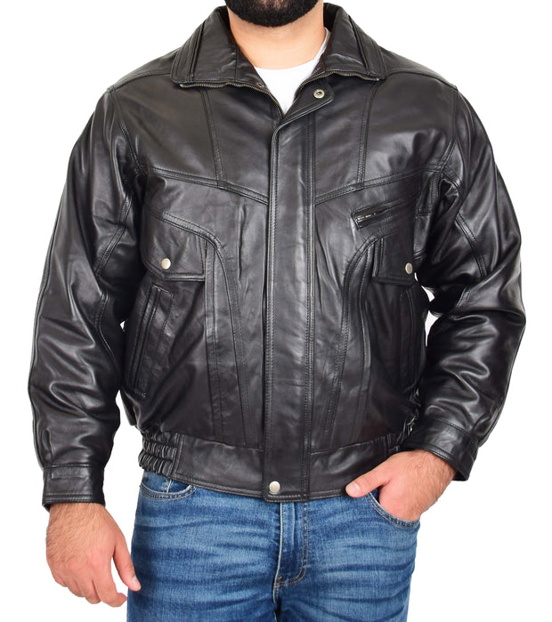 Mens Real Black Leather Blouson Jacket Classic Bomber Peter