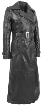 Womens Full Length Long Black Leather Trench Coat Trinity